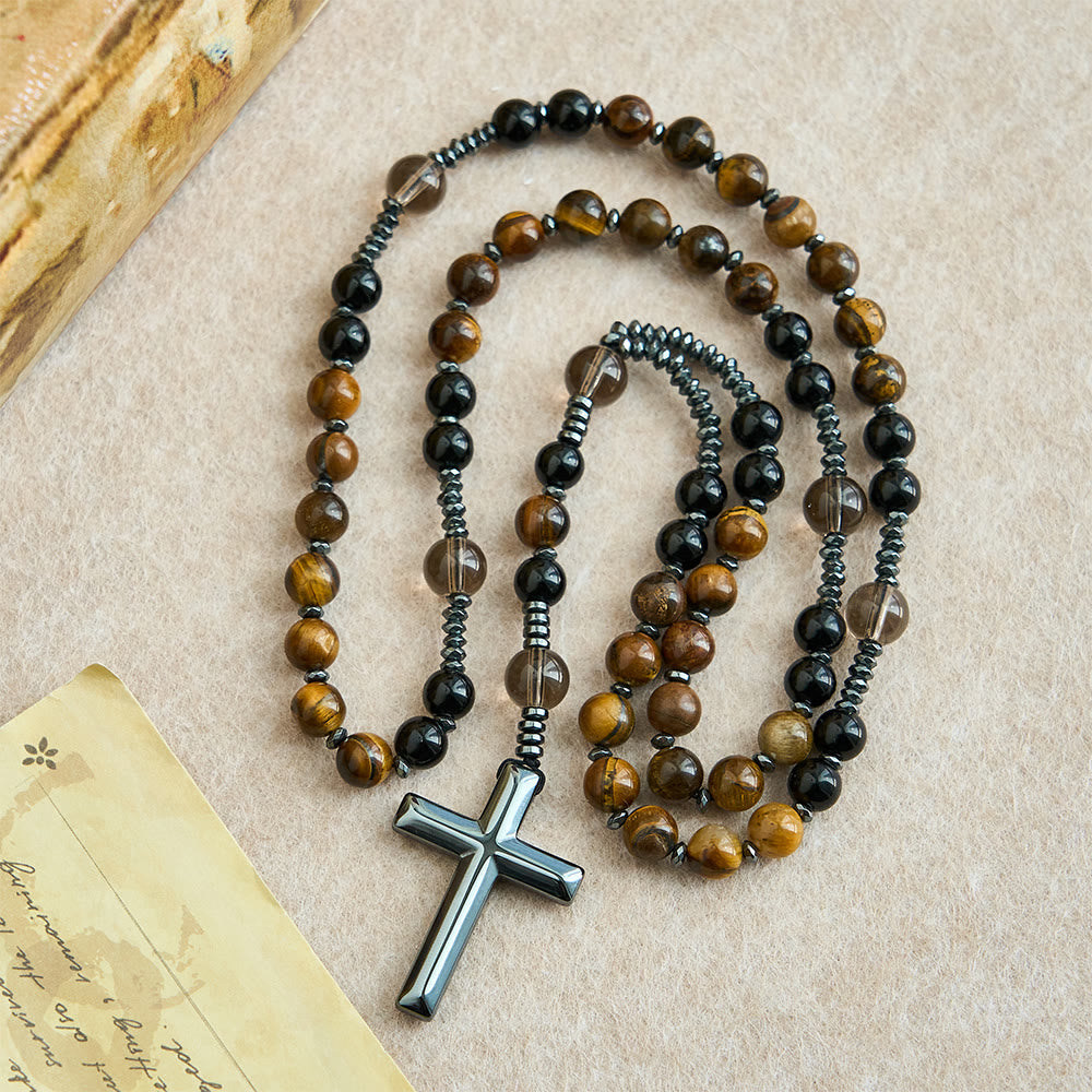 Christianartworkshop aus natürlichem Obsidian mit Tigerauge-Motiv – Rosenkranz aus Hämatit-Stein mit Kreuz zum Schutz - image 1