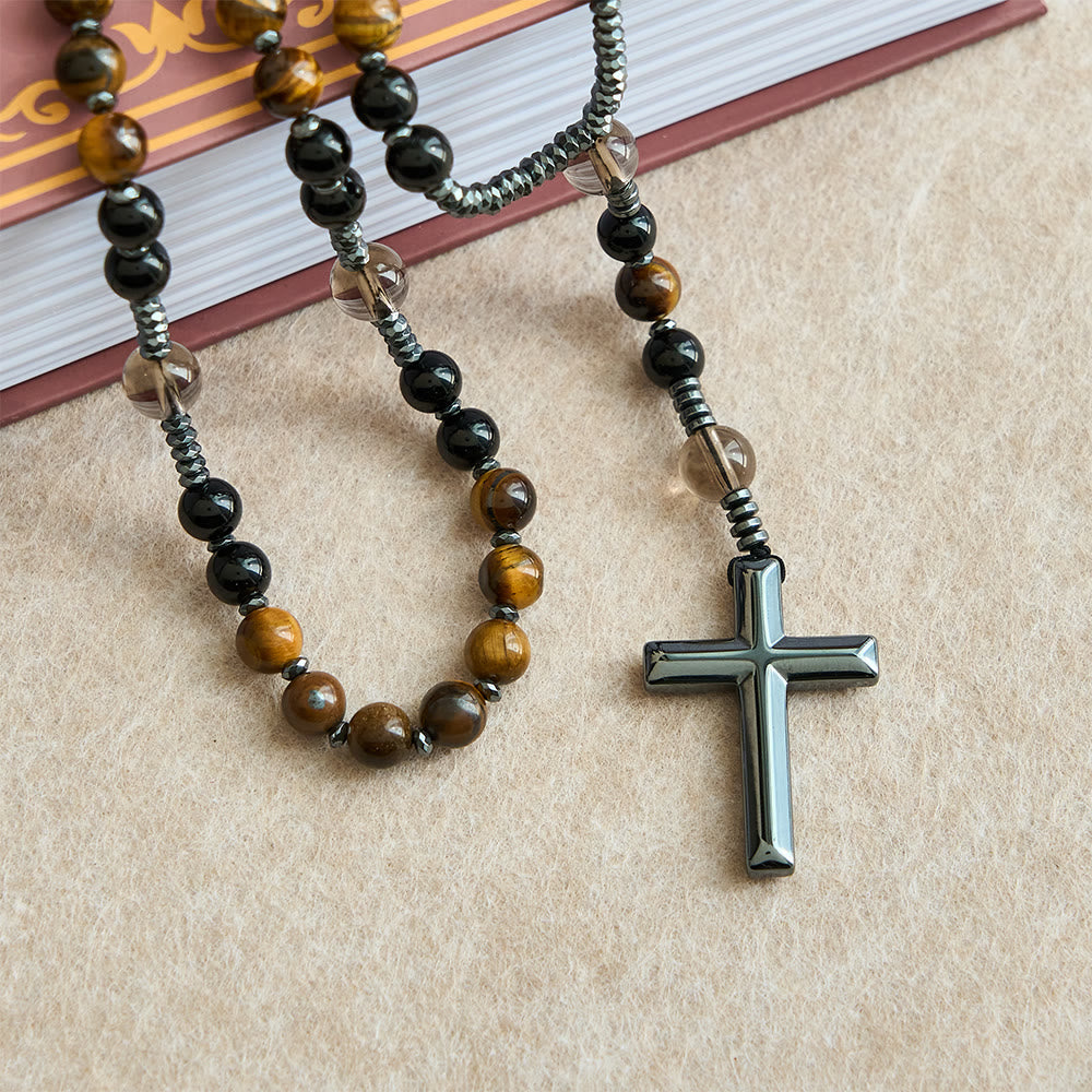 Christianartworkshop aus natürlichem Obsidian mit Tigerauge-Motiv – Rosenkranz aus Hämatit-Stein mit Kreuz zum Schutz - image 6