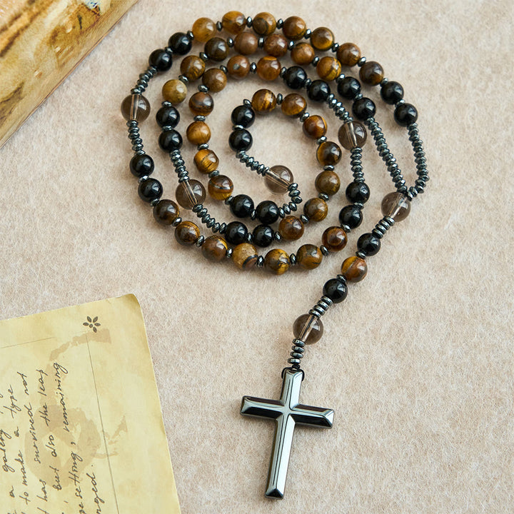 Christianartworkshop aus natürlichem Obsidian mit Tigerauge-Motiv – Rosenkranz aus Hämatit-Stein mit Kreuz zum Schutz - image 2