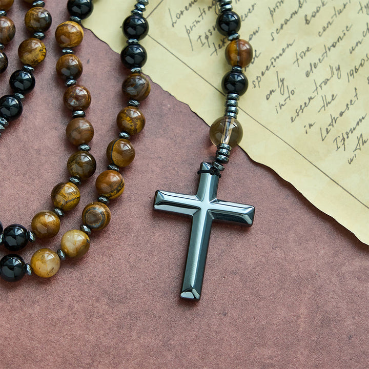 Christianartworkshop aus natürlichem Obsidian mit Tigerauge-Motiv – Rosenkranz aus Hämatit-Stein mit Kreuz zum Schutz - image 5