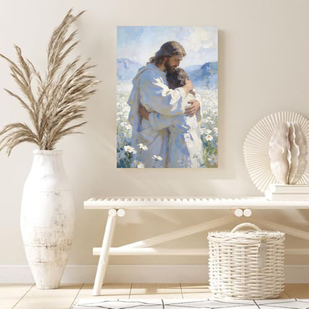 Christianartworkshop Jesus' zärtliche Umarmung im Blumenfeld – Wandbild: Visuelle Erinnerung an seine bedingungslose Liebe - image 3
