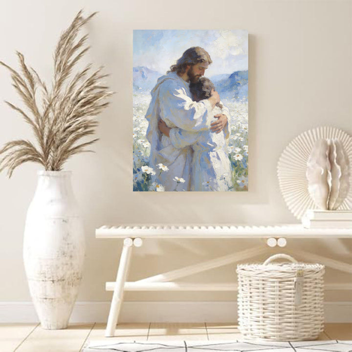 Christianartworkshop Jesus' zärtliche Umarmung im Blumenfeld – Wandbild: Visuelle Erinnerung an seine bedingungslose Liebe - image 3