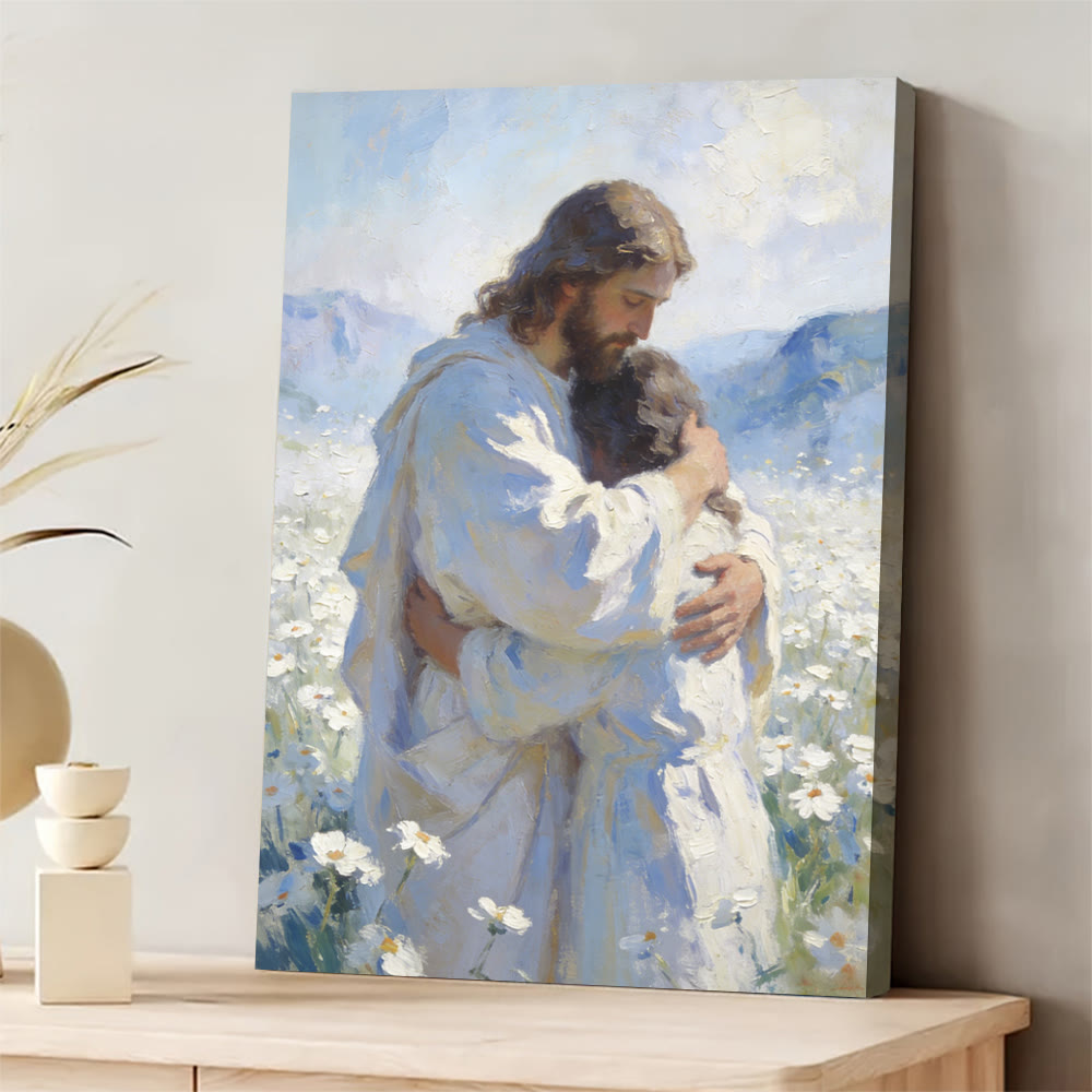 Christianartworkshop Jesus' zärtliche Umarmung im Blumenfeld – Wandbild: Visuelle Erinnerung an seine bedingungslose Liebe - 11,81''*15,75''0,71"/30*40*1,8cm - Gerahmtes Leinwandgemälde - image 0