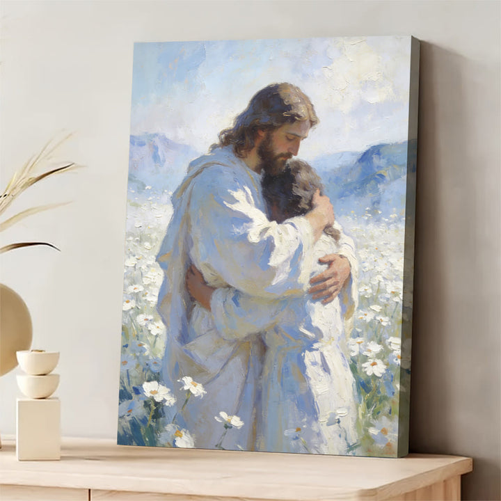 Christianartworkshop Jesus' zärtliche Umarmung im Blumenfeld – Wandbild: Visuelle Erinnerung an seine bedingungslose Liebe - 11,81''*15,75''0,71"/30*40*1,8cm - Gerahmtes Leinwandgemälde - image 0