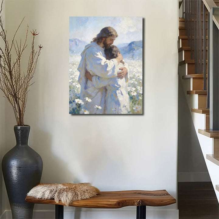 Christianartworkshop Jesus' zärtliche Umarmung im Blumenfeld – Wandbild: Visuelle Erinnerung an seine bedingungslose Liebe - image 4