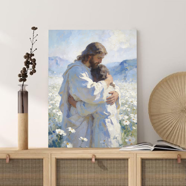 Christianartworkshop Jesus' zärtliche Umarmung im Blumenfeld – Wandbild: Visuelle Erinnerung an seine bedingungslose Liebe - image 5