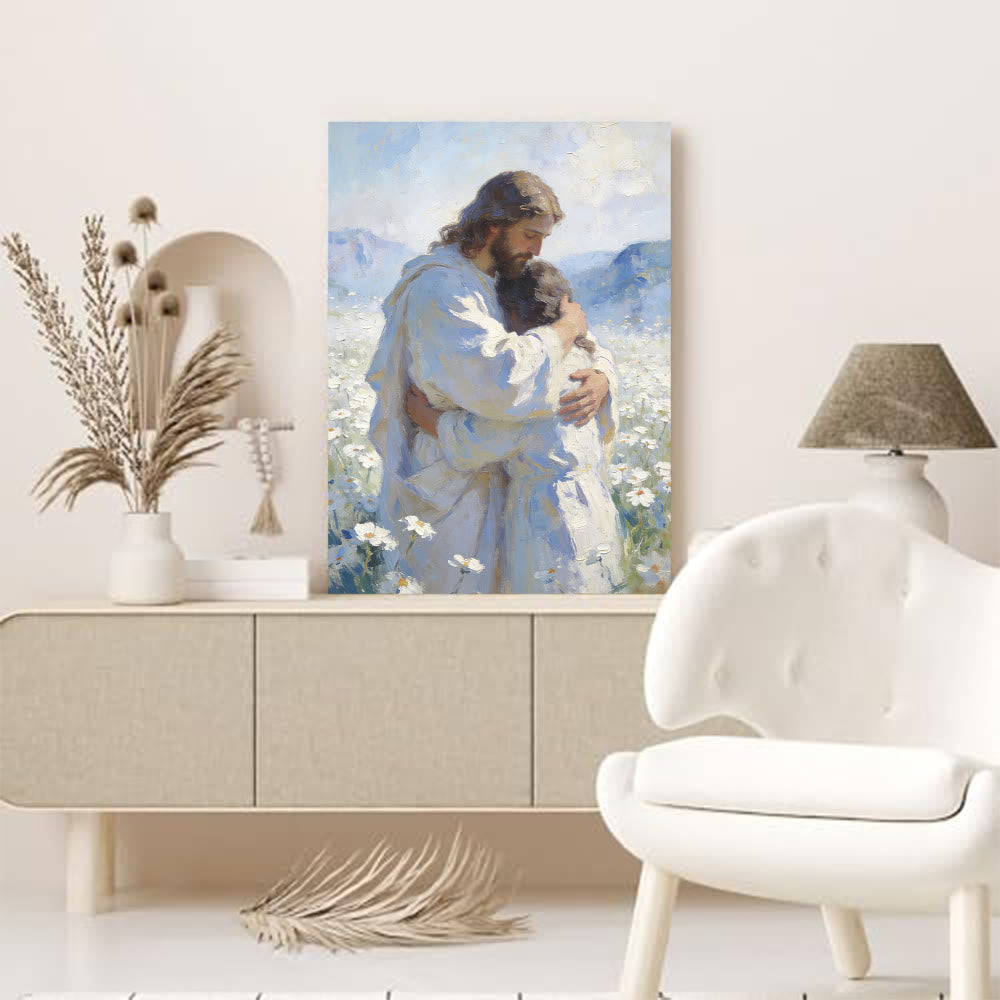 Christianartworkshop Jesus' zärtliche Umarmung im Blumenfeld – Wandbild: Visuelle Erinnerung an seine bedingungslose Liebe - image 1