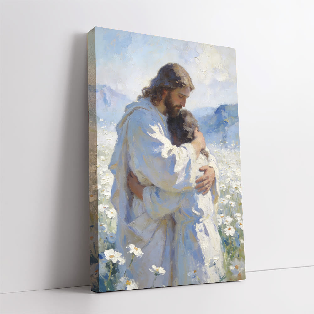 Christianartworkshop Jesus' zärtliche Umarmung im Blumenfeld – Wandbild: Visuelle Erinnerung an seine bedingungslose Liebe - image 2