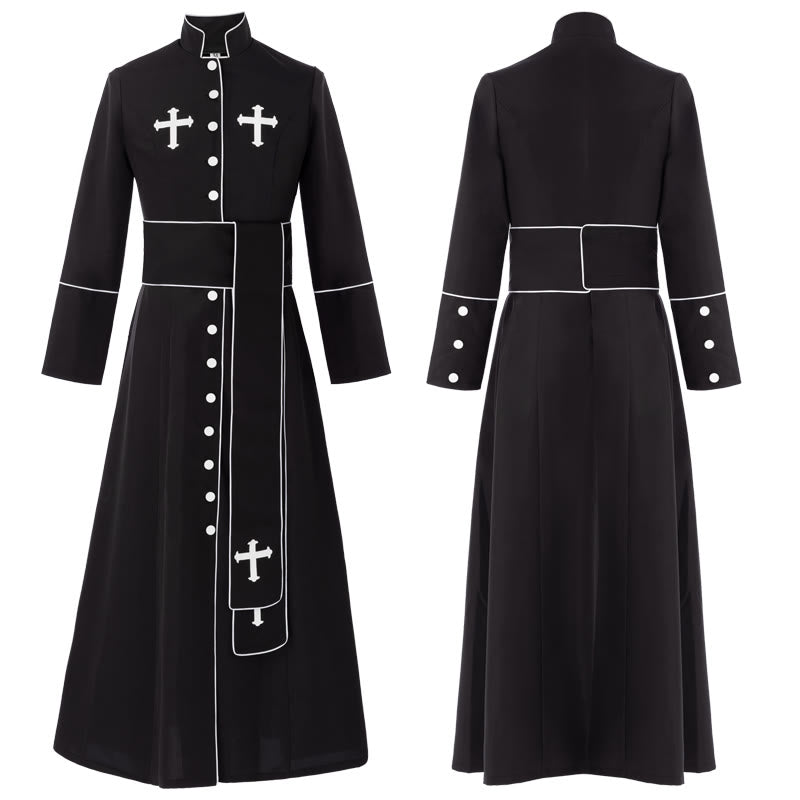 Zeremonielle, schwarz-weiße Stehkragen-Gewand-Soutane für Geistliche von Christianartworkshop mit Gürtel und Kreuzmotiven - Schwarz - 3XL - image 3