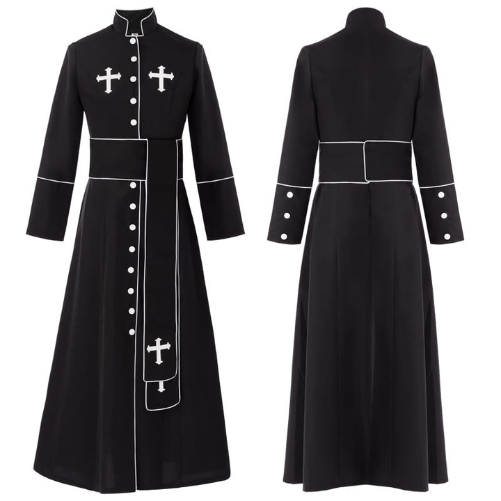 Zeremonielle, schwarz-weiße Stehkragen-Gewand-Soutane für Geistliche von Christianartworkshop mit Gürtel und Kreuzmotiven - Schwarz - 3XL - image 3