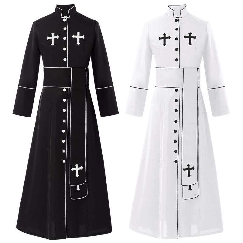 Zeremonielle, schwarz-weiße Stehkragen-Gewand-Soutane für Geistliche von Christianartworkshop mit Gürtel und Kreuzmotiven - image 1
