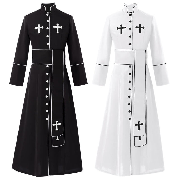 Zeremonielle, schwarz-weiße Stehkragen-Gewand-Soutane für Geistliche von Christianartworkshop mit Gürtel und Kreuzmotiven - image 1