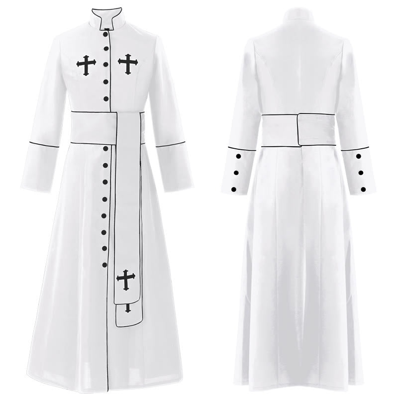 Zeremonielle, schwarz-weiße Stehkragen-Gewand-Soutane für Geistliche von Christianartworkshop mit Gürtel und Kreuzmotiven - Weiß - 3XL - image 2