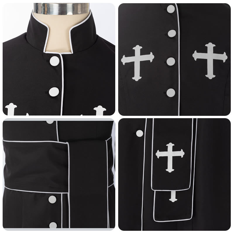 Zeremonielle, schwarz-weiße Stehkragen-Gewand-Soutane für Geistliche von Christianartworkshop mit Gürtel und Kreuzmotiven - image 10