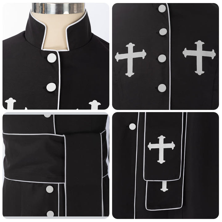 Zeremonielle, schwarz-weiße Stehkragen-Gewand-Soutane für Geistliche von Christianartworkshop mit Gürtel und Kreuzmotiven - image 10