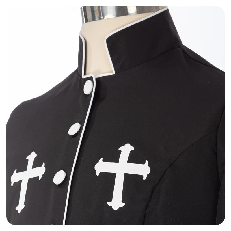 Zeremonielle, schwarz-weiße Stehkragen-Gewand-Soutane für Geistliche von Christianartworkshop mit Gürtel und Kreuzmotiven - image 7