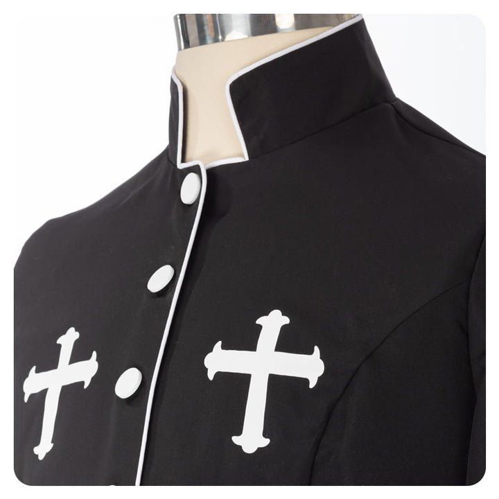 Zeremonielle, schwarz-weiße Stehkragen-Gewand-Soutane für Geistliche von Christianartworkshop mit Gürtel und Kreuzmotiven - image 7