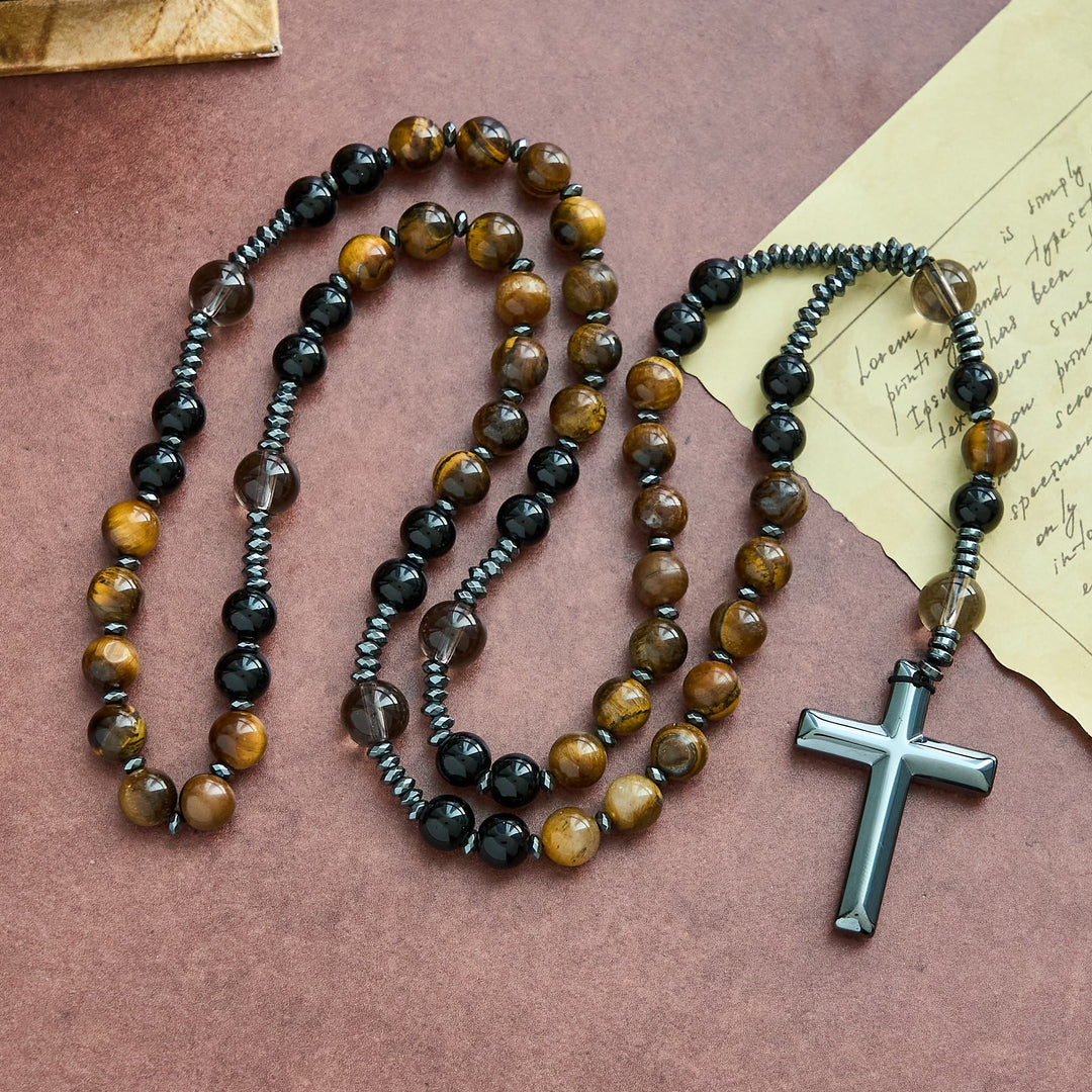 Christianartworkshop aus natürlichem Obsidian mit Tigerauge-Motiv – Rosenkranz aus Hämatit-Stein mit Kreuz zum Schutz - Rosenkranzkette aus natürlichem Obsidian mit Tigerauge - image 0