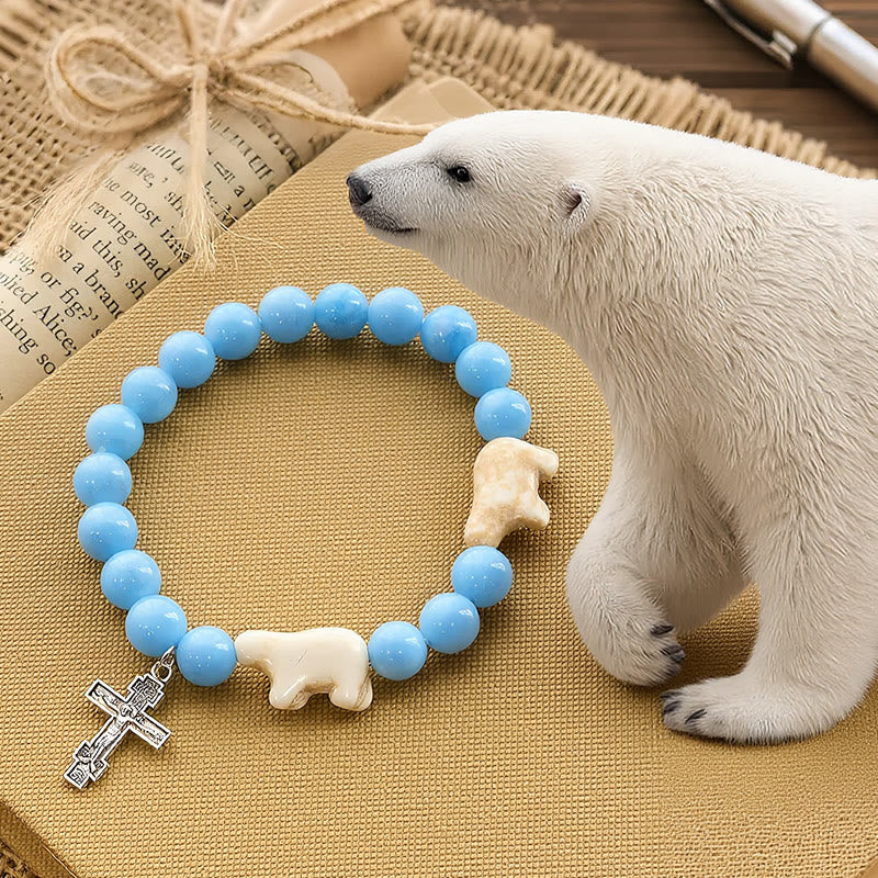 Christianartworkshop Handgefertigtes Armband mit blauem Perlen-Eisbärenkreuz: Rettet unsere Eisbären! - Handgelenkumfang: 7,48 Zoll / 19 cm - image 0