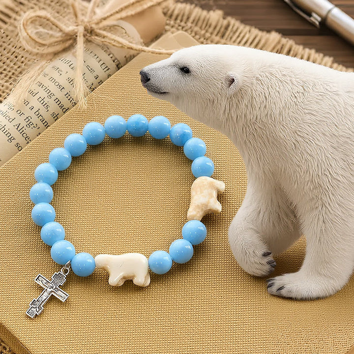 Christianartworkshop Handgefertigtes Armband mit blauem Perlen-Eisbärenkreuz: Rettet unsere Eisbären! - Handgelenkumfang: 7,48 Zoll / 19 cm - image 0