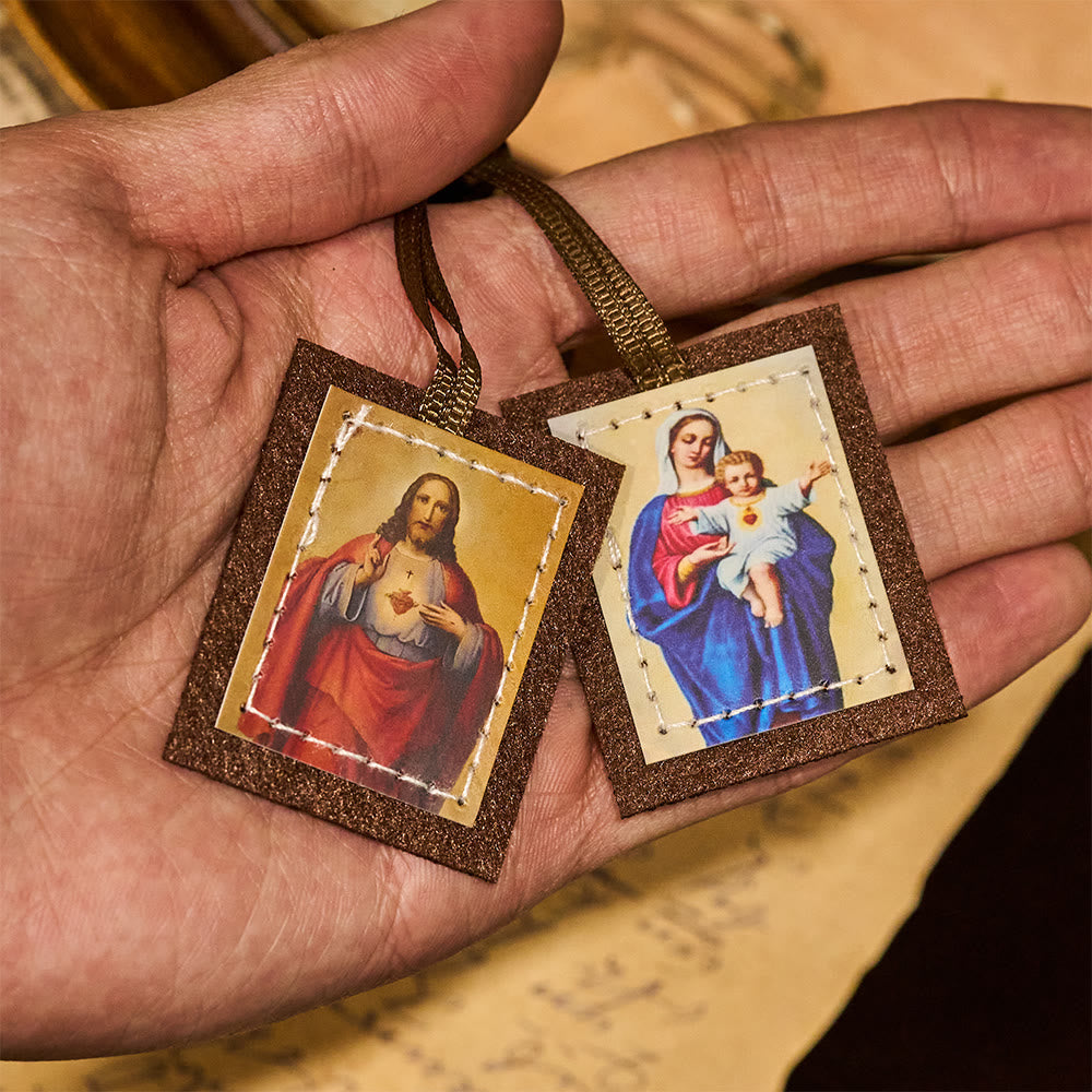 Christianartworkshop Gesegnetes braunes Wollskapulier des Heiligsten Herzens Jesu und der Jungfrau Maria - image 2