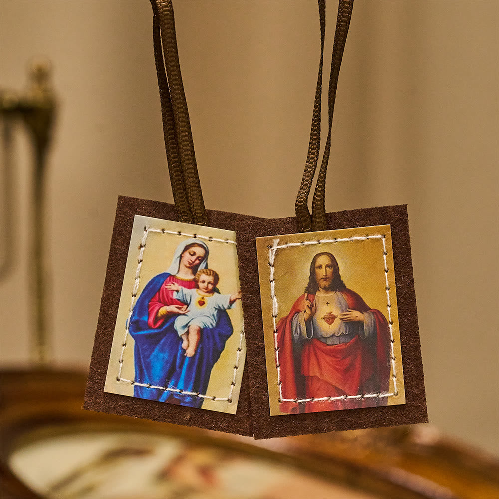 Christianartworkshop Gesegnetes braunes Wollskapulier des Heiligsten Herzens Jesu und der Jungfrau Maria - Skapulier - image 0