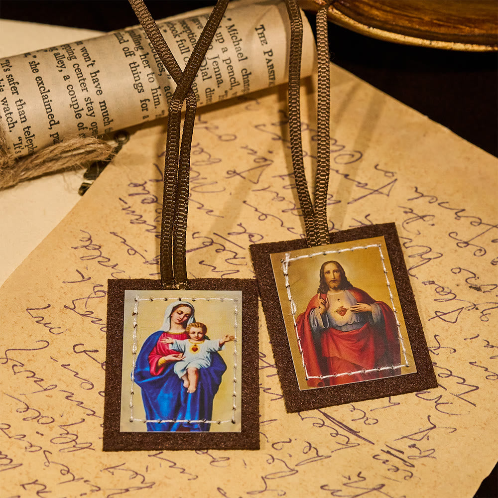 Christianartworkshop Gesegnetes braunes Wollskapulier des Heiligsten Herzens Jesu und der Jungfrau Maria - image 1
