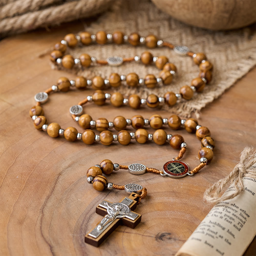 Handgefertigter Rosenkranz aus Naturholz mit Benediktkreuz - Holz - image 0