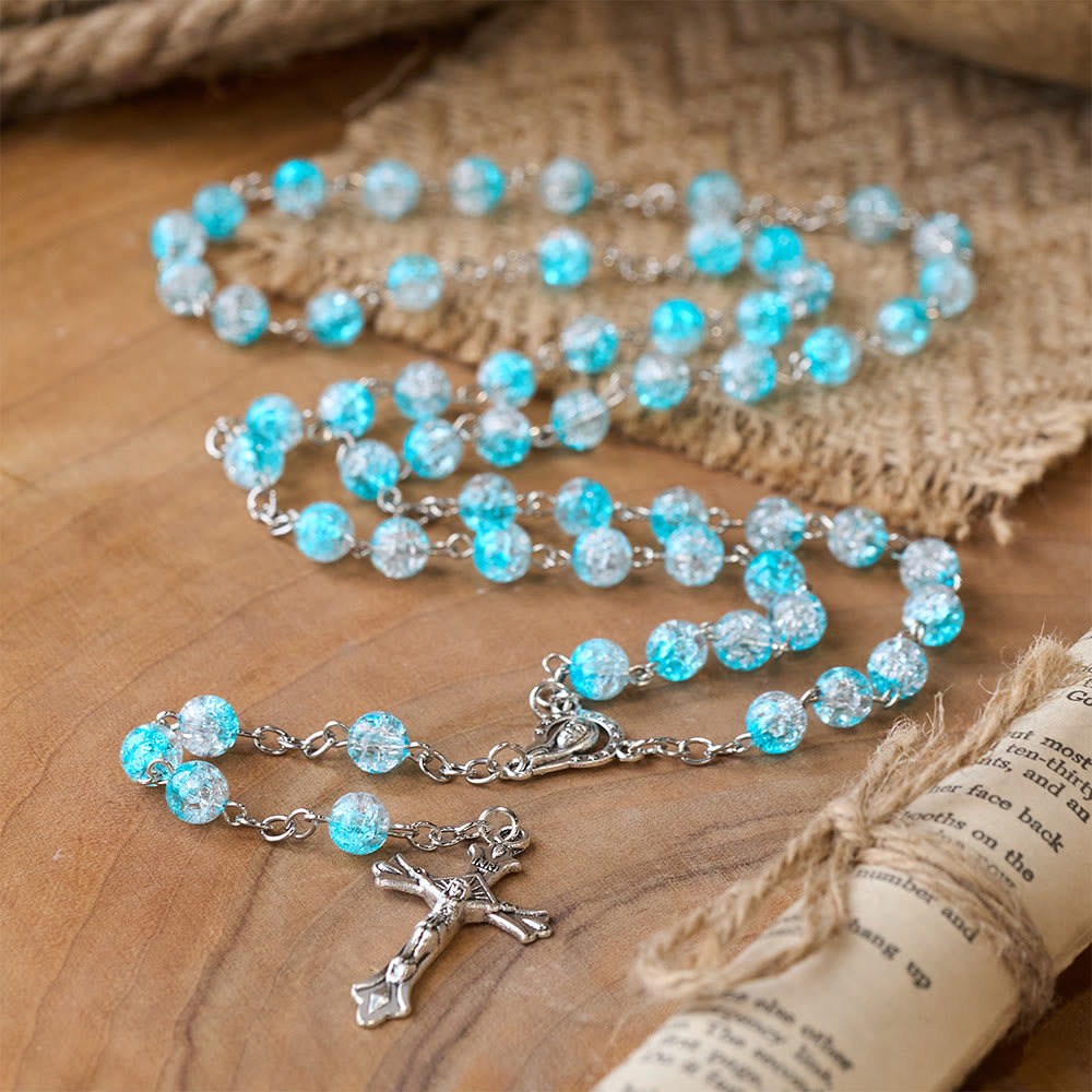 Himmlischer Rosenkranz aus blauen Glasperlen mit Jesusherz und Kruzifix - image 2
