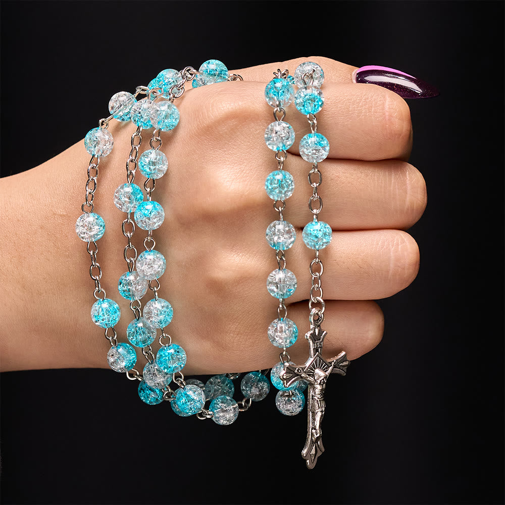 Himmlischer Rosenkranz aus blauen Glasperlen mit Jesusherz und Kruzifix - image 1