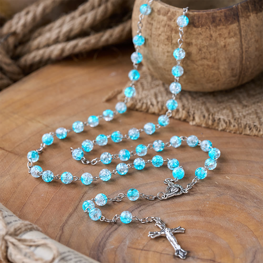 Himmlischer Rosenkranz aus blauen Glasperlen mit Jesusherz und Kruzifix - Himmelblau - image 0