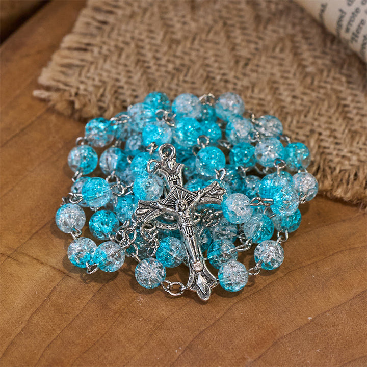 Himmlischer Rosenkranz aus blauen Glasperlen mit Jesusherz und Kruzifix - image 4