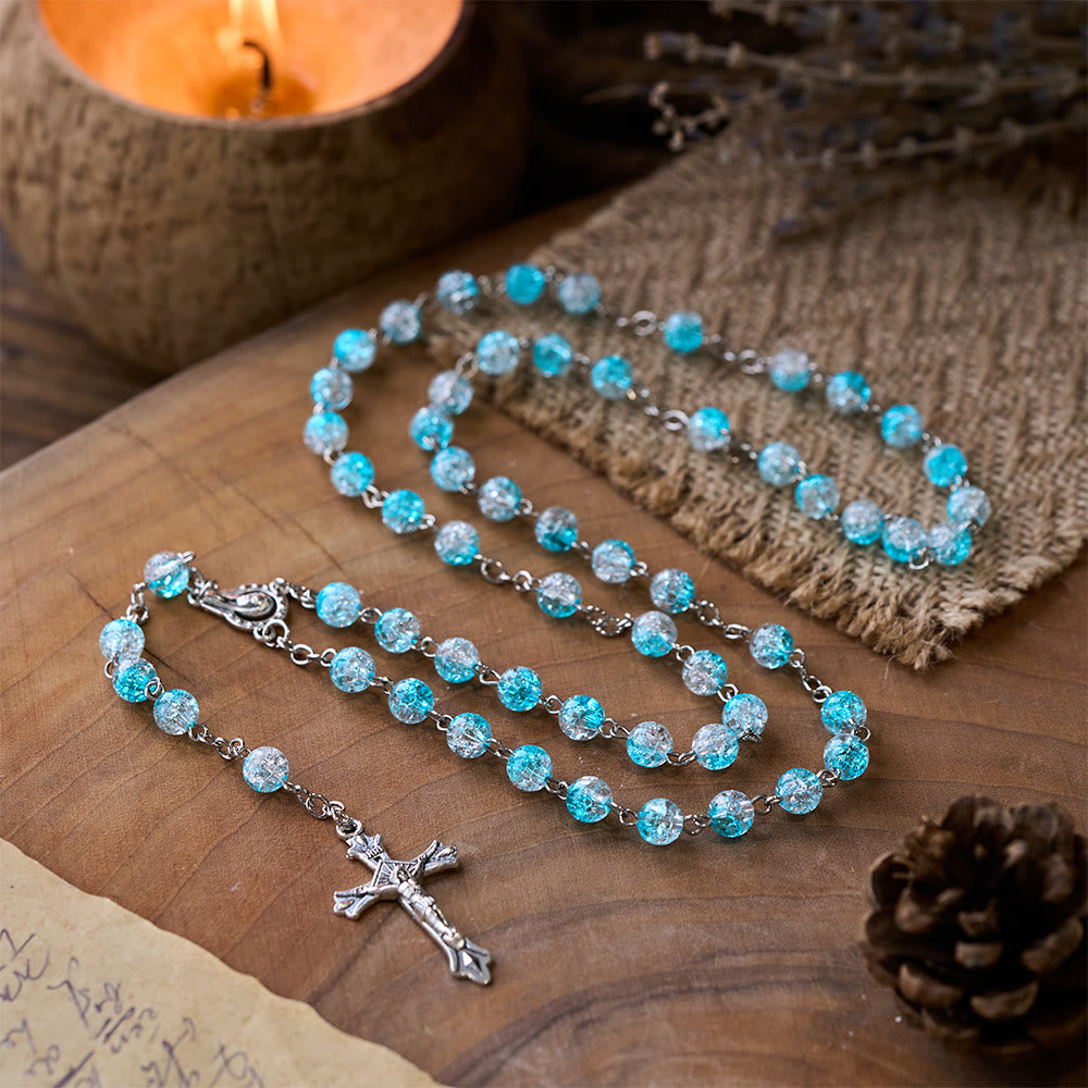 Himmlischer Rosenkranz aus blauen Glasperlen mit Jesusherz und Kruzifix - image 3