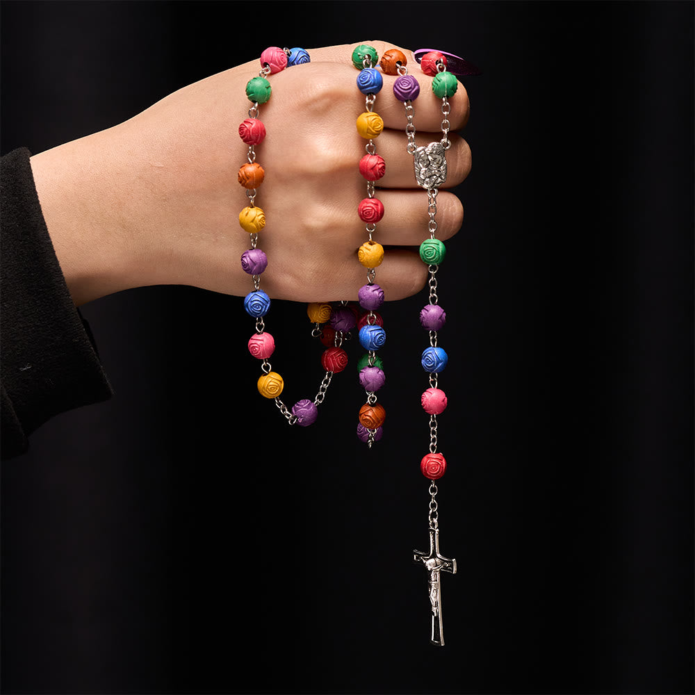 Rosenkranz mit Jesuskreuz der Heiligen Familie und roséfarbenen Perlen - image 1