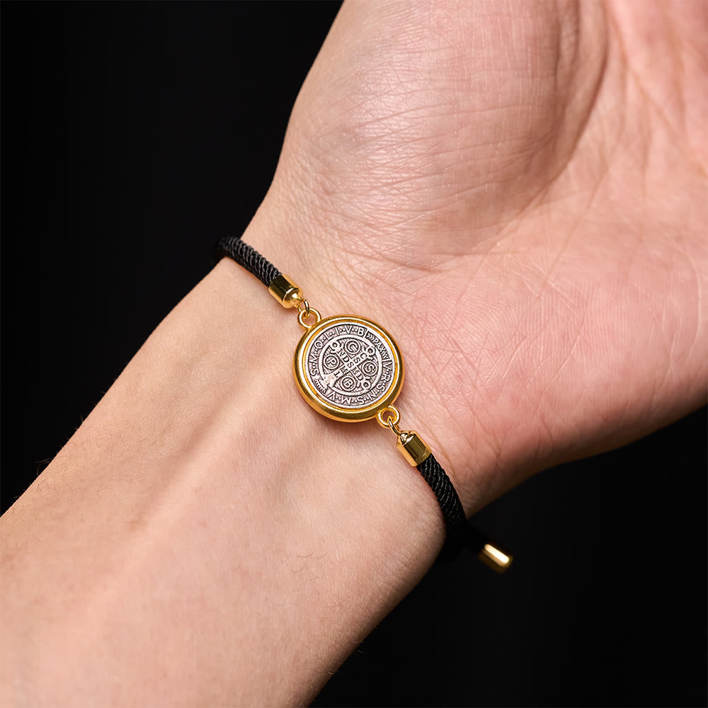 Christianartworkshop St. Benedikt Medaille Schwarzes Seilband Verstellbares Armband - image 1