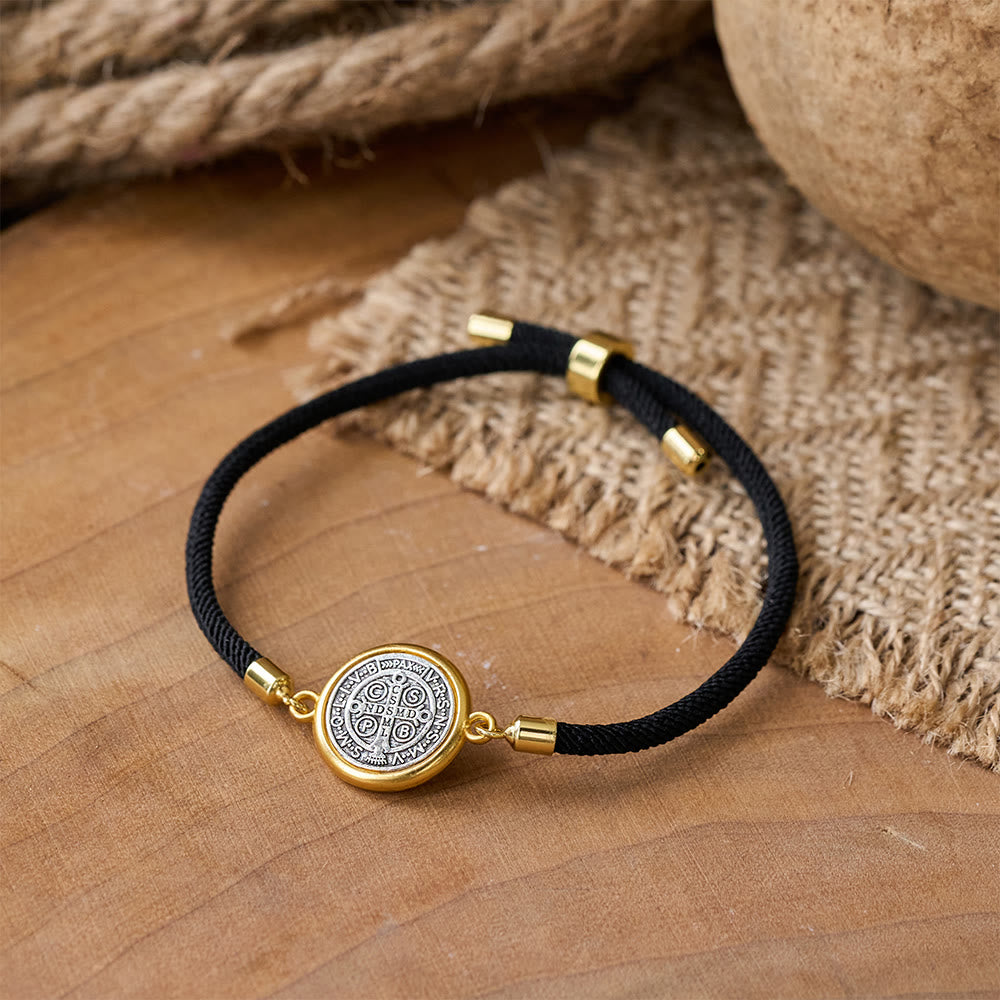 Christianartworkshop St. Benedikt Medaille Schwarzes Seilband Verstellbares Armband - Schwarzes Kabel - image 0