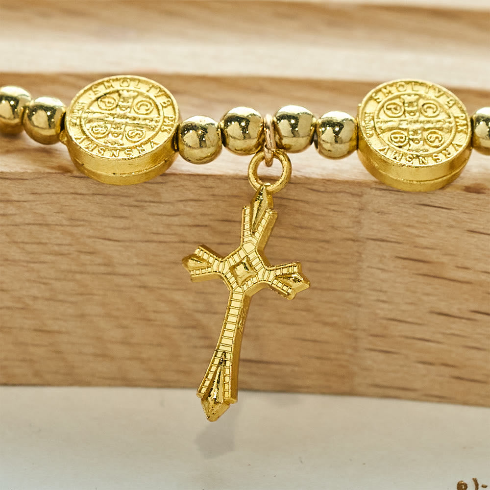 Christianartworkshop Goldfarbenes St. Benedikt-Kreuz Stretch-Armband - image 4
