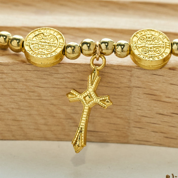 Christianartworkshop Goldfarbenes St. Benedikt-Kreuz Stretch-Armband - image 4