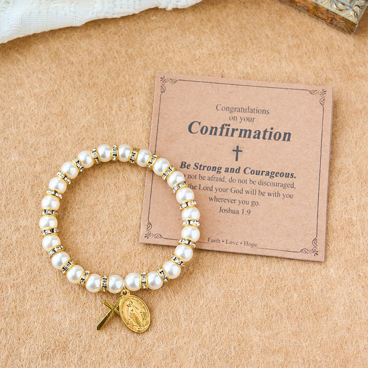 Modernes Perlenarmband von Christianartworkshop mit goldener Wundermedaille und Segenskarte: Opulente Kommunion - Bestätigung - image 0