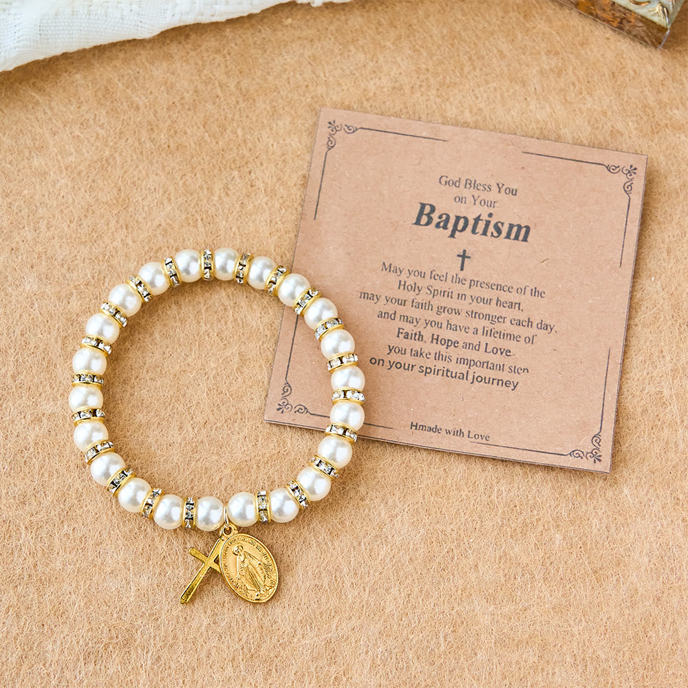Modernes Perlenarmband von Christianartworkshop mit goldener Wundermedaille und Segenskarte: Opulente Kommunion - Taufe - image 1