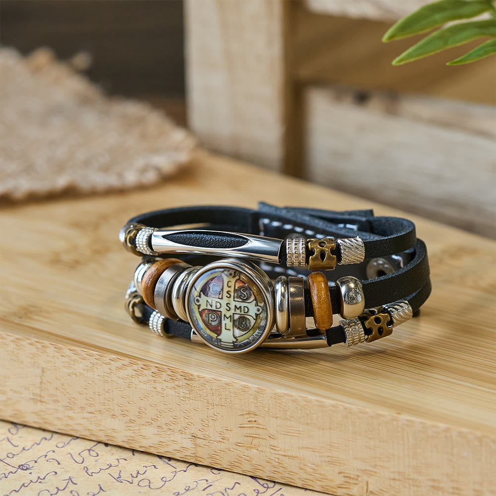 Christianartworkshop St. Benedict Kollektion Schwarzes Lederarmband mit verschiedenen Glaubensmotiven - St. Benedikt -4 - image 4