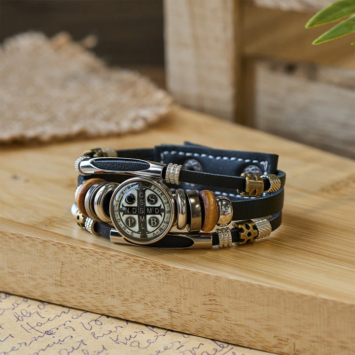 Christianartworkshop St. Benedict Kollektion Schwarzes Lederarmband mit verschiedenen Glaubensmotiven - St. Benedikt -6 - image 5
