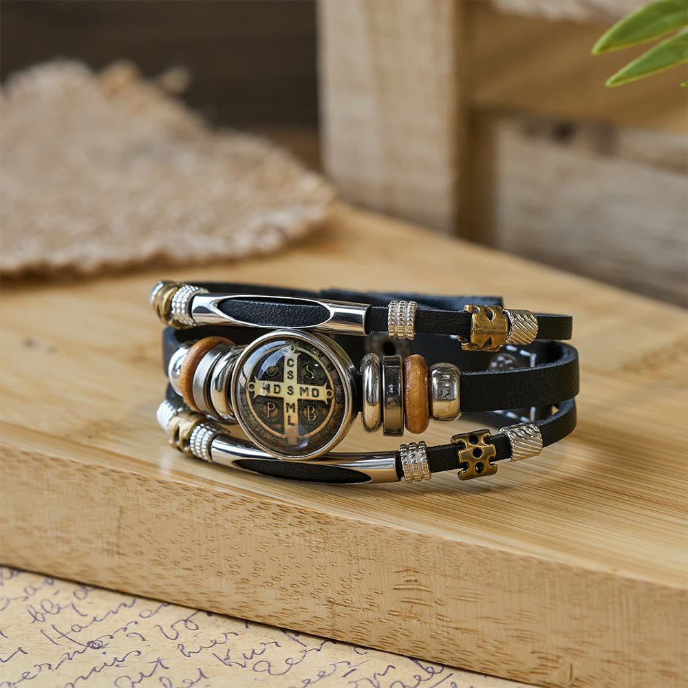 Christianartworkshop St. Benedict Kollektion Schwarzes Lederarmband mit verschiedenen Glaubensmotiven - St. Benedikt -9 - image 7