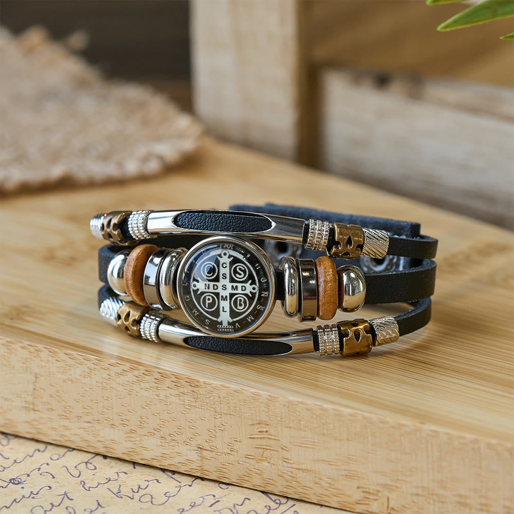 Christianartworkshop St. Benedict Kollektion Schwarzes Lederarmband mit verschiedenen Glaubensmotiven - St. Benedikt -1 - image 1