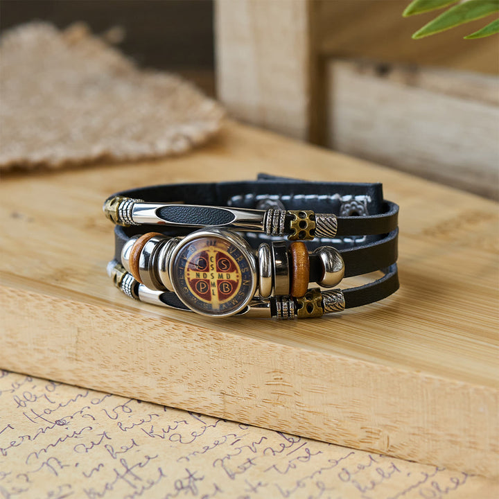 Christianartworkshop St. Benedict Kollektion Schwarzes Lederarmband mit verschiedenen Glaubensmotiven - St. Benedikt -2 - image 2