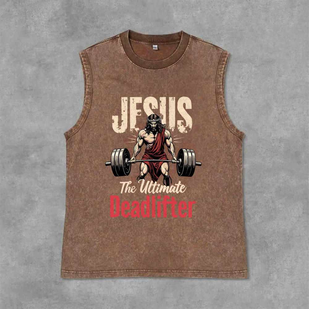 Christianartworkshop Jesus The Ultimate Deadlifter Unisex Washed Tank Top - Braun - 2XL - image 13