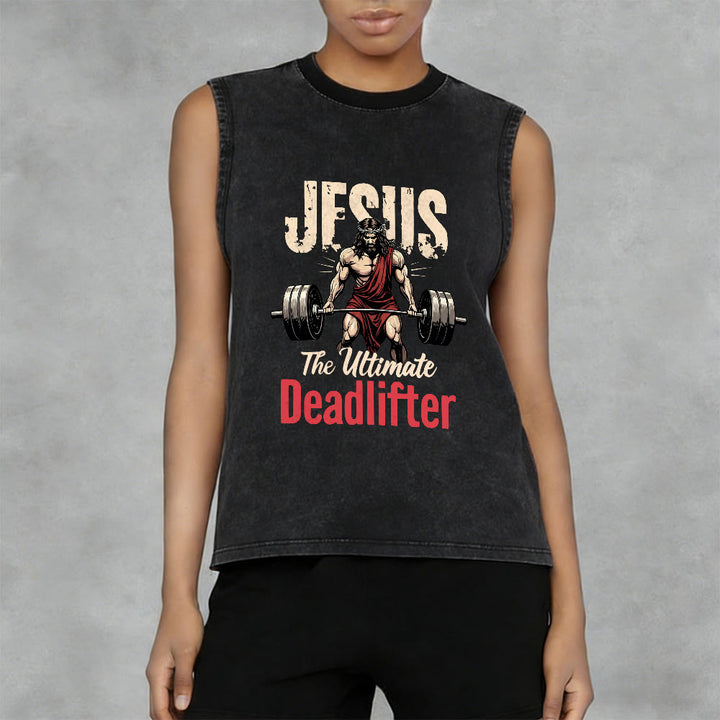 Christianartworkshop Jesus The Ultimate Deadlifter Unisex Washed Tank Top - image 3