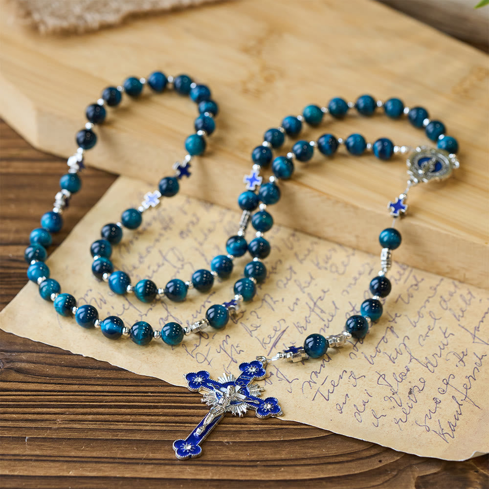 Christianartworkshop Schimmernder blauer Tigeraugen-Rosenkranz mit Emaille-Kreuz zur besinnlichen Andacht - Rosenkranz Unserer Lieben Frau - image 0