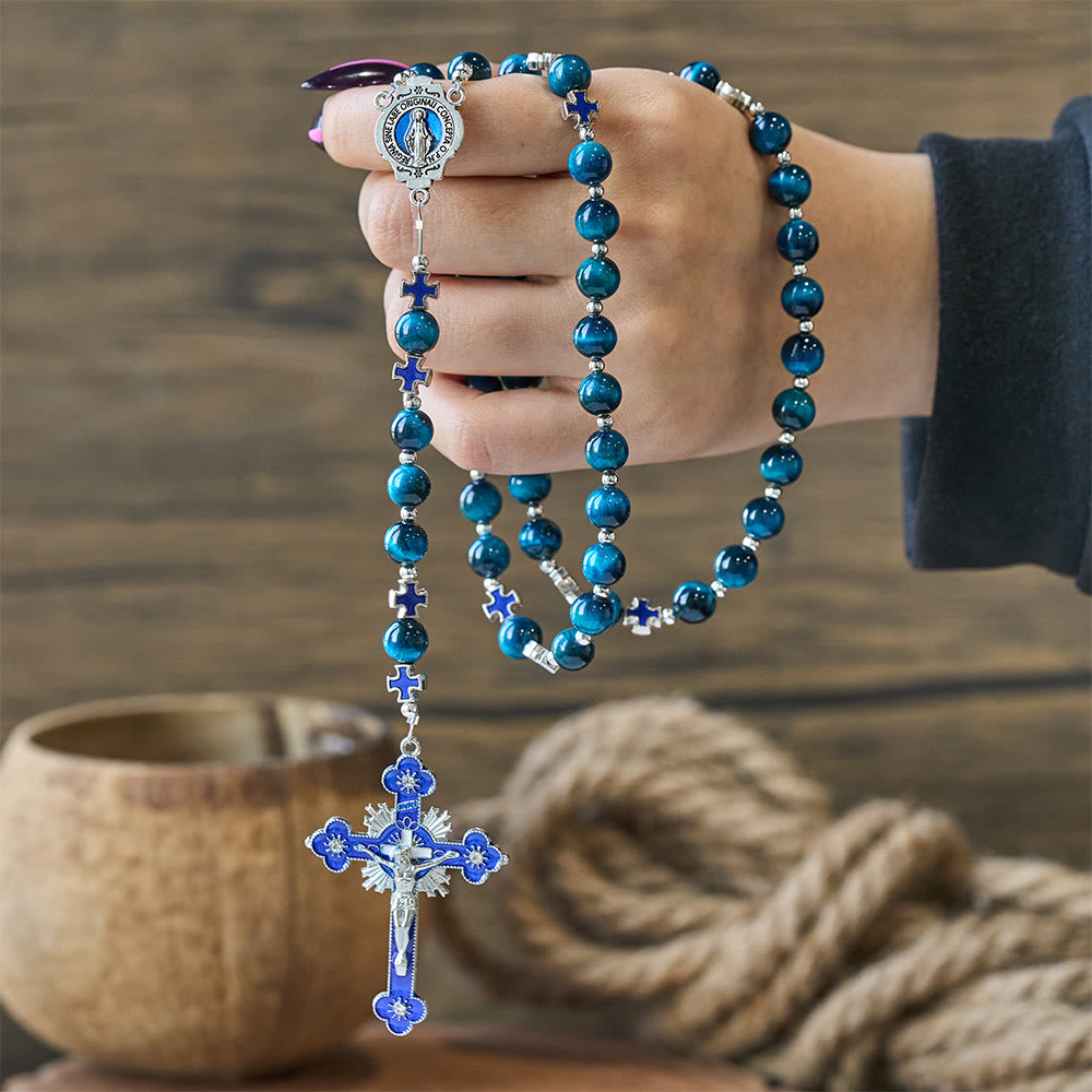 Christianartworkshop Schimmernder blauer Tigeraugen-Rosenkranz mit Emaille-Kreuz zur besinnlichen Andacht - image 1