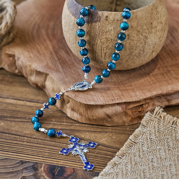 Christianartworkshop Schimmernder blauer Tigeraugen-Rosenkranz mit Emaille-Kreuz zur besinnlichen Andacht - image 4